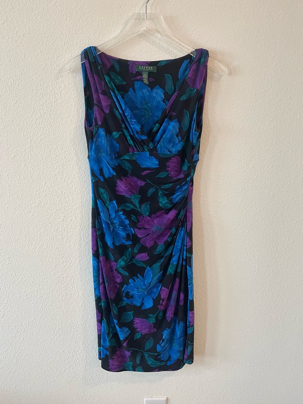 Lauren Ralph Lauren Blue & Purple Floral V-Neck Stretch Jersey Dress